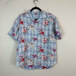 Tommy Bahama | Blue Floral Print Linen Blend Short Sleeve Relax Shirt Large